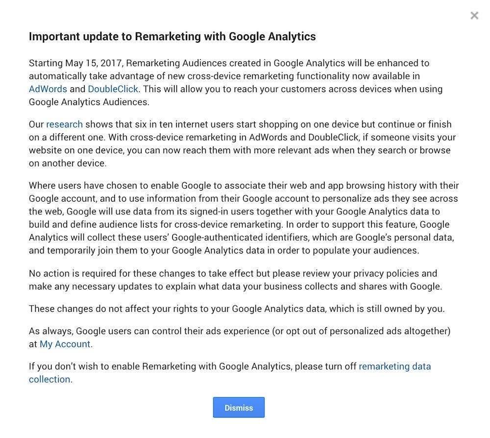 Quien haga #remarketing con Google Analytics debe actualizar su Pol. de Privacidad antes del 15 de mayo, por el cambio a multi-dispositivo