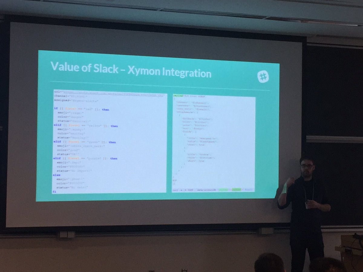 gnomerumblings's tweet image. John Stewart explaining the customization and integrations available in @SlackHQ #itsallgreektome #notaprogrammer #TKF17