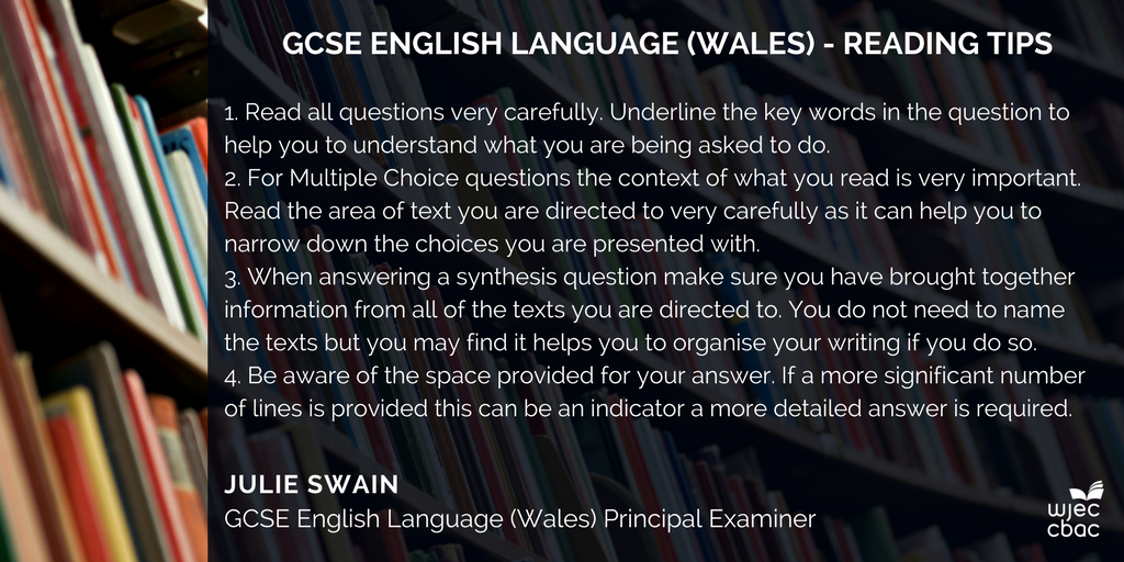WJEC_English's tweet photo. Principal Examiner, Julie Swain shares her top tips for candidates sitting @wjec_cbac GCSE English Language this summer #WJEC #GCSE #EngLang https://t.co/OEjU7fUjW7