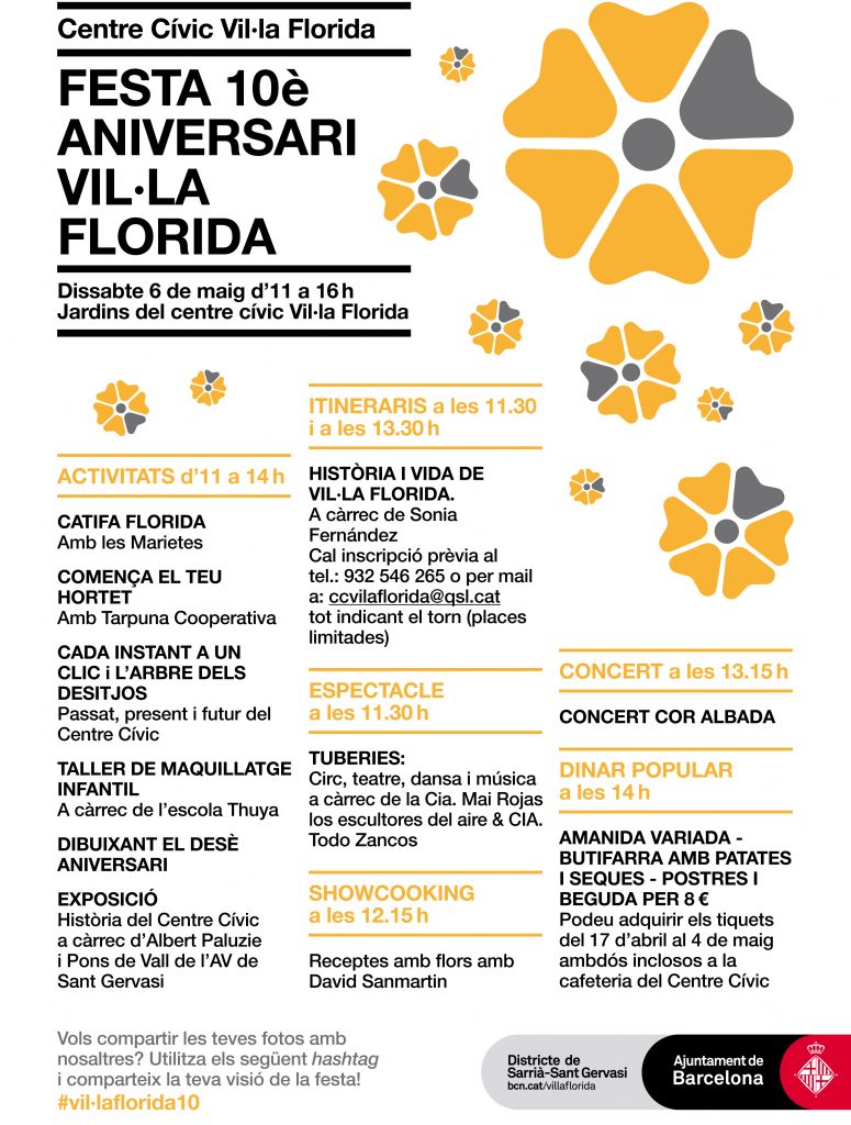 El proper 6 de maig se celebrarà el 10è aniversari del <a href="/ccvilaflorida/">CC Vil·la Florida</a>, amb una festa plena d’activitats per a tothom ow.ly/d6Nf30baIFv