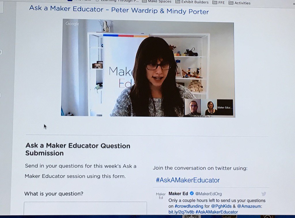 scimachine's tweet image. Mindy Porter LIVE on &apos;Ask a Maker Educator&apos; by Maker Ed.  Join in! @Amazeum #askamakereducator