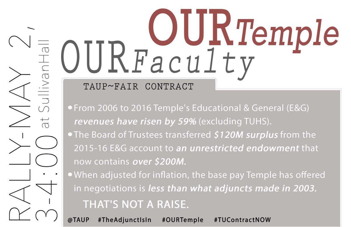 TAUP's tweet image. @activate_temple TIME FOR A FAIR CONTRACT!  Join us 5/2, 3-4 p.m. outside Sullivan Hall!  Let the Board of Trustees hear us!   #OurTemple
