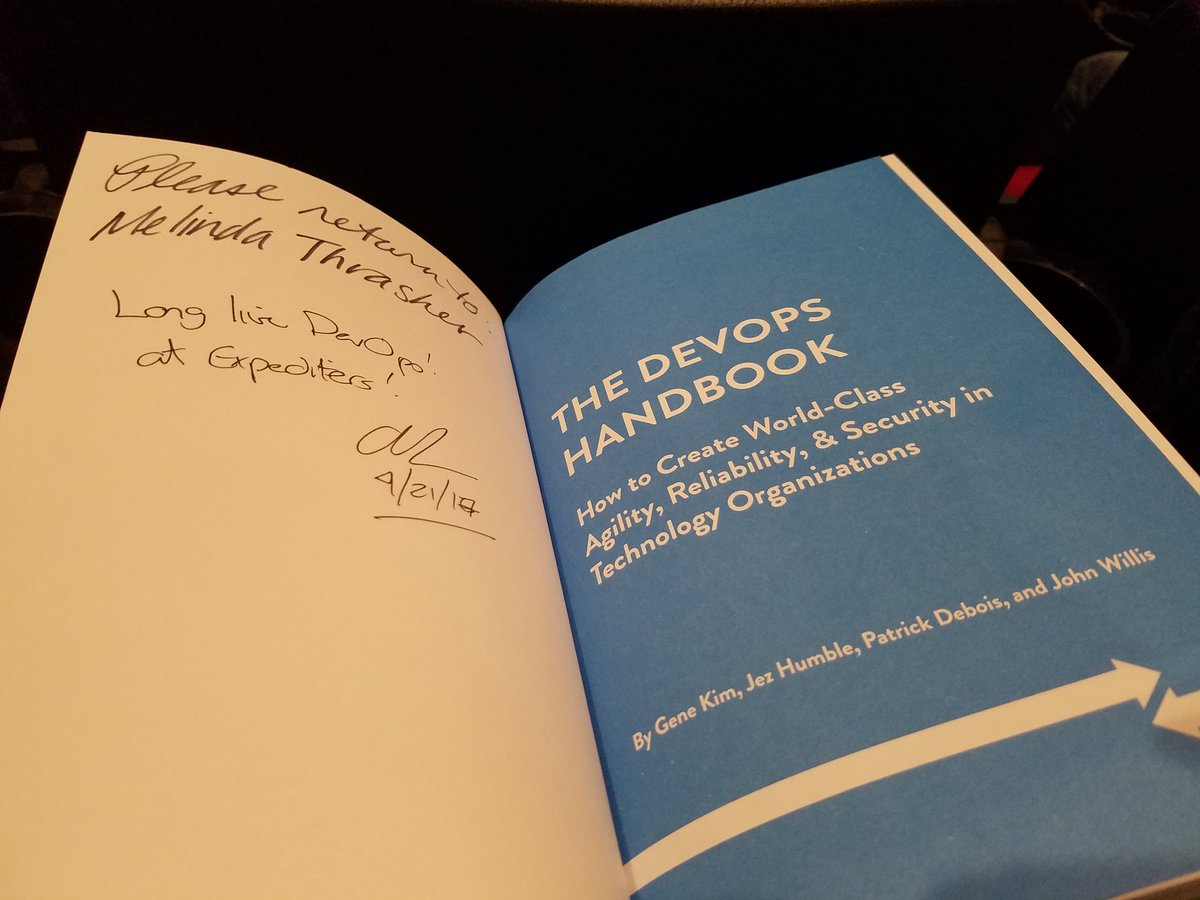 melindathrasher's tweet image. #NerdMoment #devopsdays @RealGeneKim Signed my book and asked me to chat!