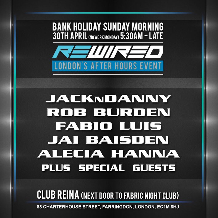 Some Bank Holiday Sunday morning action this coming weekend🔊🔊🔊
<a href="/jackndanny92/">Jack n Danny</a> <a href="/FabioLuisDJ/">The Human Jadakiss Laugh</a> <a href="/Jaibaisden/">Jai Baisden</a> @Alecia_Hanna 
❤️💛💚💙💜💖 x