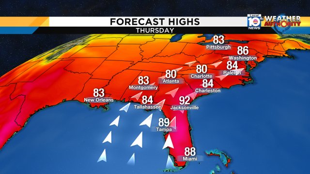 From Florida to the MidAtlantic states, it's a hot forecast for Thursday! https://t.co/IzeMNnurYu