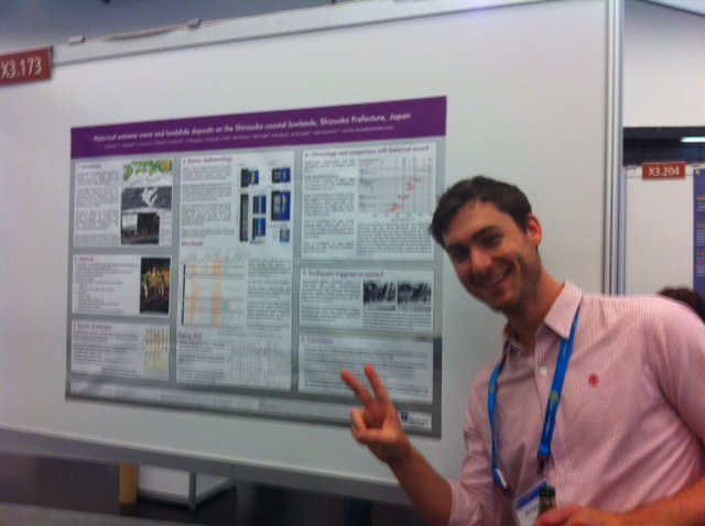 @EarthquakeEd enjoying presenting his <a href="/QuakeRecNankai/">QuakeRecNankai</a> poster on historical extreme wave and landslide deposits, Shirasuka. #EGU17 #GSBelgium