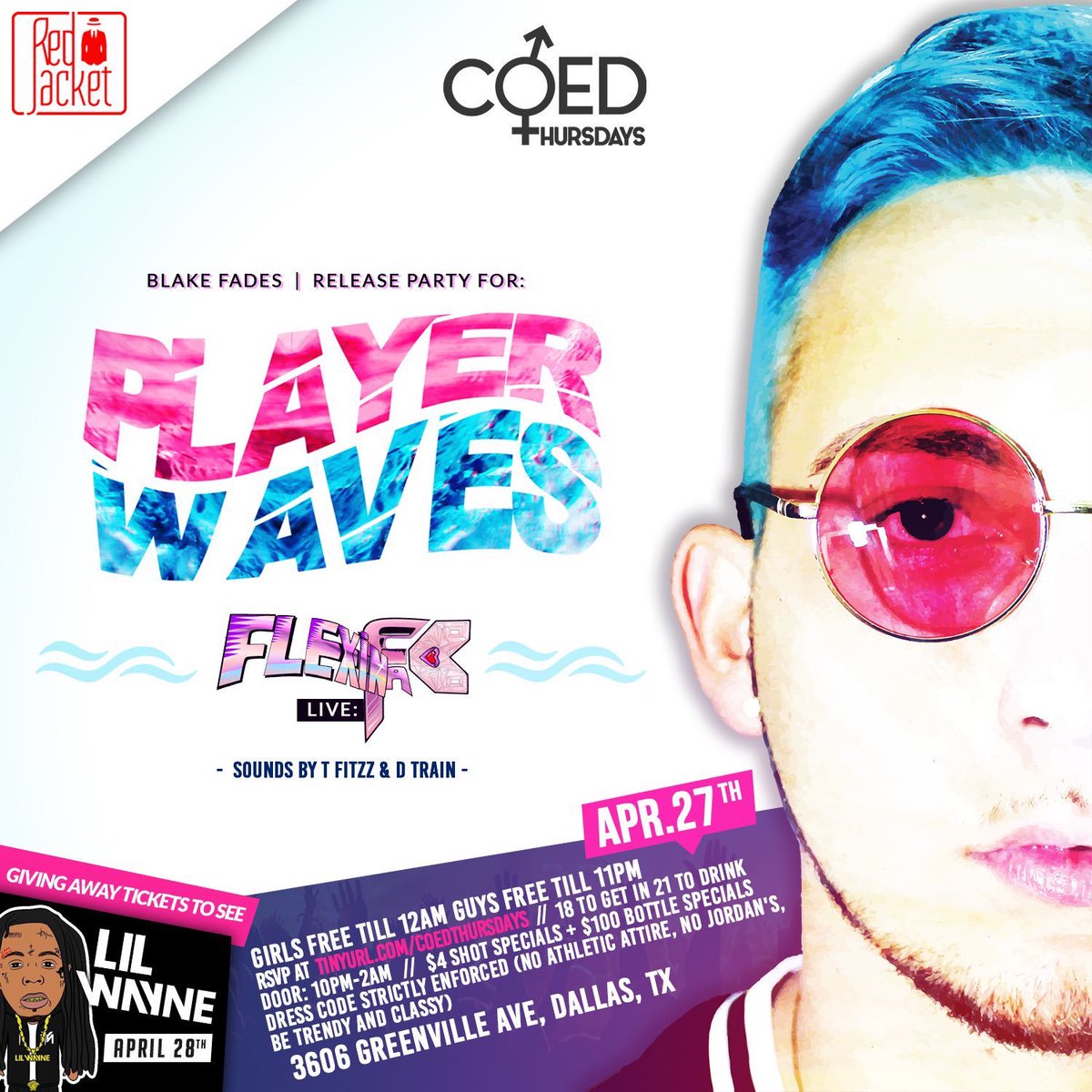 UNTParties's tweet photo. This week is @BLAKEFADES release party #PLAYERWAVES at @coedthursdays 💦

Ladies get in FREE until midnight
https://t.co/LmmF6NFdVf https://t.co/VEoNrdkst0
