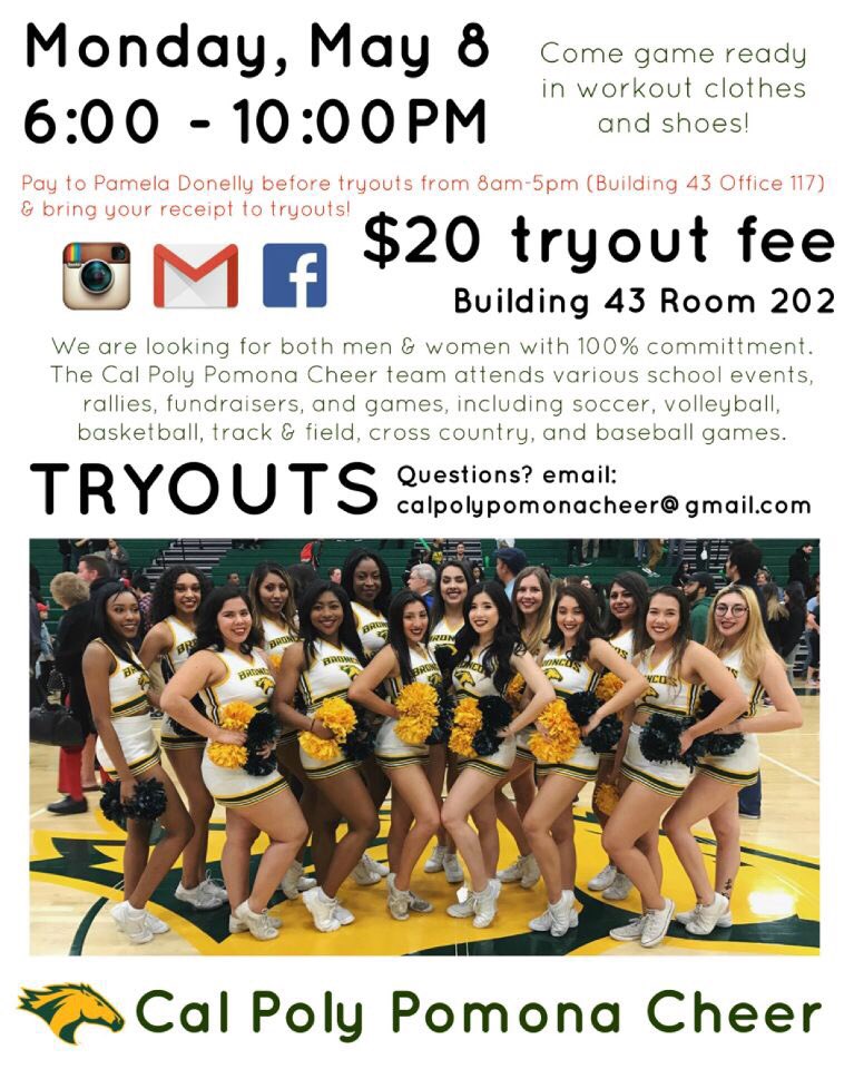 CPPcheer's tweet image. Here is all of the cheer tryout information. Please pay the $20 before the tryout to the Athletics Bookkeeper to be eligible to tryout!