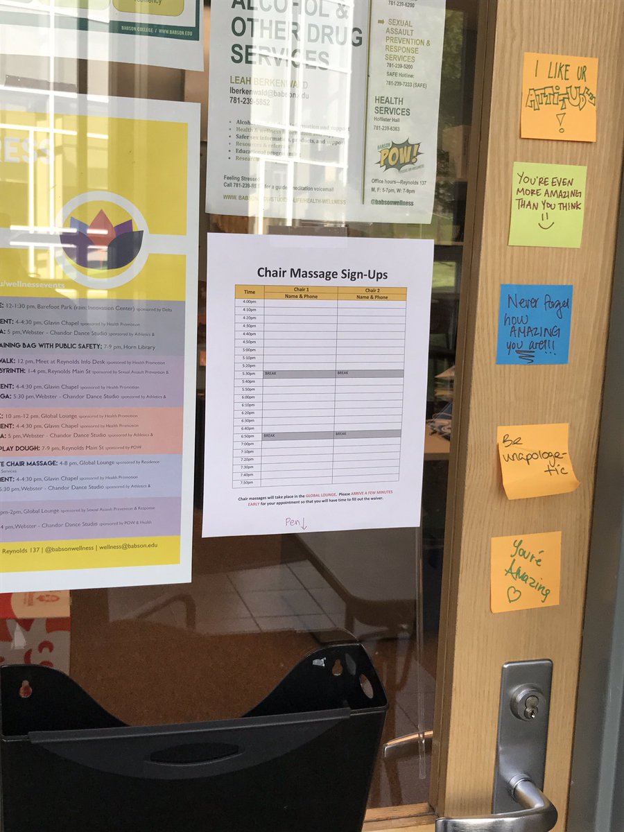Sign up sheet for free chair massage is posted on the Health Promotion door (Reys137). Sign up! Ugrads & grad students welcome #destressweek