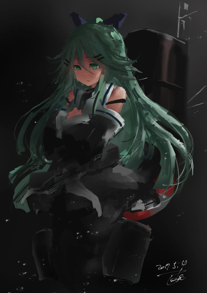 yamakaze (kancolle) 1girl solo long hair green hair hair between eyes green eyes detached sleeves  illustration images