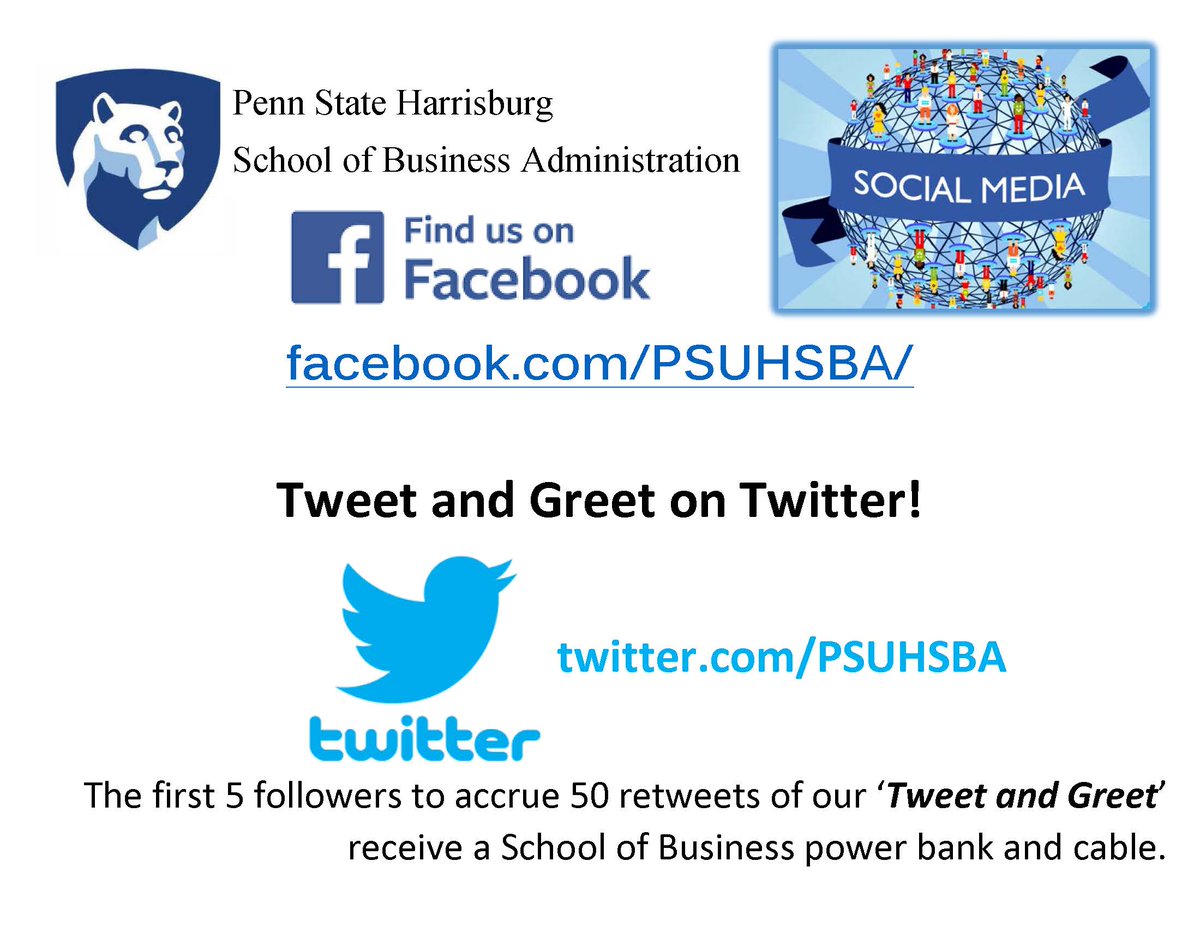 PSH SBA (@psuhsba) on Twitter photo Launching our official Tweet & Greet! The 1st 5 followers to earn 50 RT's of this tweet receive an SBA power bank & cord.<a href="/PSUHarrisburg/">PennStateHarrisburg</a> Launching our official Tweet & Greet! The 1st 5 followers to earn 50 RT's of this tweet receive an SBA power bank & cord.<a href="/PSUHarrisburg/">PennStateHarrisburg</a>