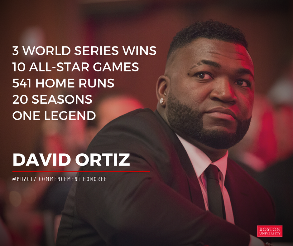 We couldn't be more thrilled to welcome a #Boston icon, the legendary <a href="/davidortiz/">David Ortiz</a>, as an honorary degree recipient at #BU2017 commencement!