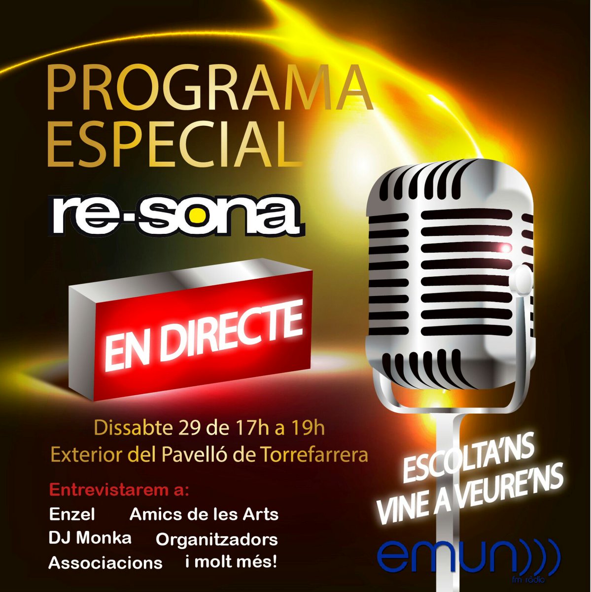 Dissabte, de 17 a 19 hores, vine a veure la ràdio en directe! <a href="/festivalresona/">Re-Sona</a> <a href="/amicsdelesarts/">Els Amics de les Arts</a> #enzel <a href="/monkadj/">Monika</a> <a href="/AjTorrefarrera/">AjTorrefarrera</a>