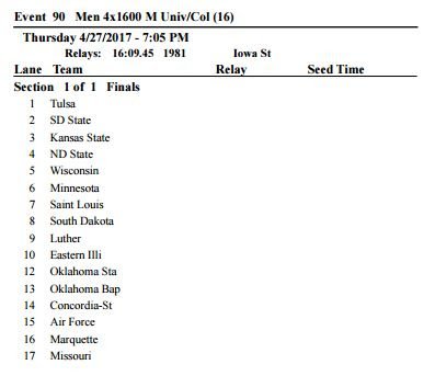 WhoRUServing's tweet image. 14 NCAA D1 Schools, 1 Other D2 School, 1 D3 School, &amp;amp; the @CSPBearsXCTF Golden Bears in the 4 x 1600 at Drake.  Looking forward to tonight!