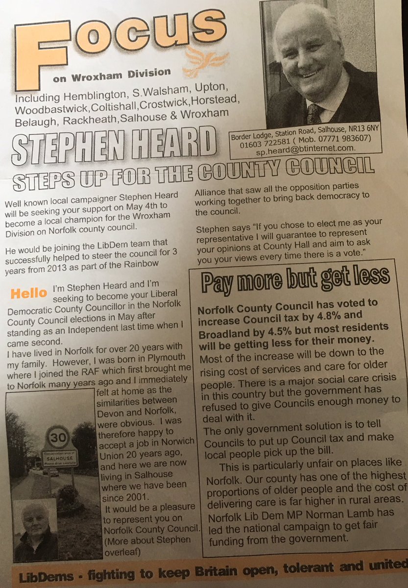 Lisa Warnes (@lisa_warnes) on Twitter photo Leaflet from <a href="/SHCONSULT12/">Stephen Heard</a>, saying that if you support him as <a href="/LibDems/">Liberal Democrats</a> he'll support a <a href="/UKLabour/">The Labour Party</a> leader at <a href="/NorfolkCC/">Norfolk County Council</a> #NorfolkElects17 #NO Leaflet from <a href="/SHCONSULT12/">Stephen Heard</a>, saying that if you support him as <a href="/LibDems/">Liberal Democrats</a> he'll support a <a href="/UKLabour/">The Labour Party</a> leader at <a href="/NorfolkCC/">Norfolk County Council</a> #NorfolkElects17 #NO