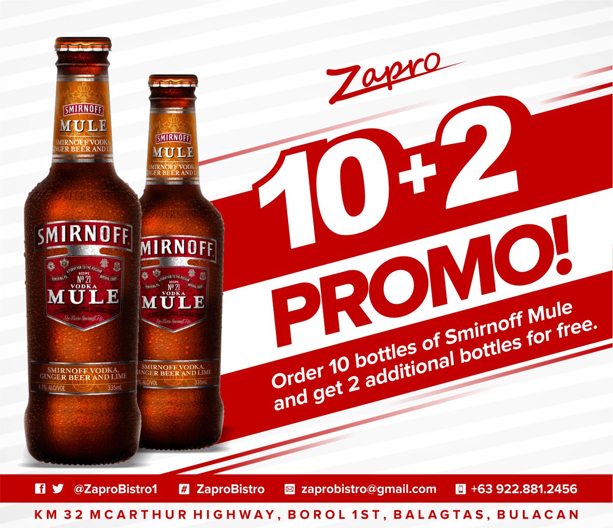 PROMO: 10+2 Promo! Smirnoff Mule <a href="/ZaproBistro1/">Zapro Bistro</a>
Visit us @: Balagtas, Bulacan
For reservation &amp; inquiries pls call:09228812456