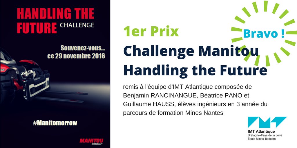 IMTAEntreprise's tweet photo. [challenge #entreprise] Bravo à nos étudiants @IMTAtlantique qui remportent le 1er prix du Challenge @manitou #HandlingTheFuture https://t.co/yP6AX1U146