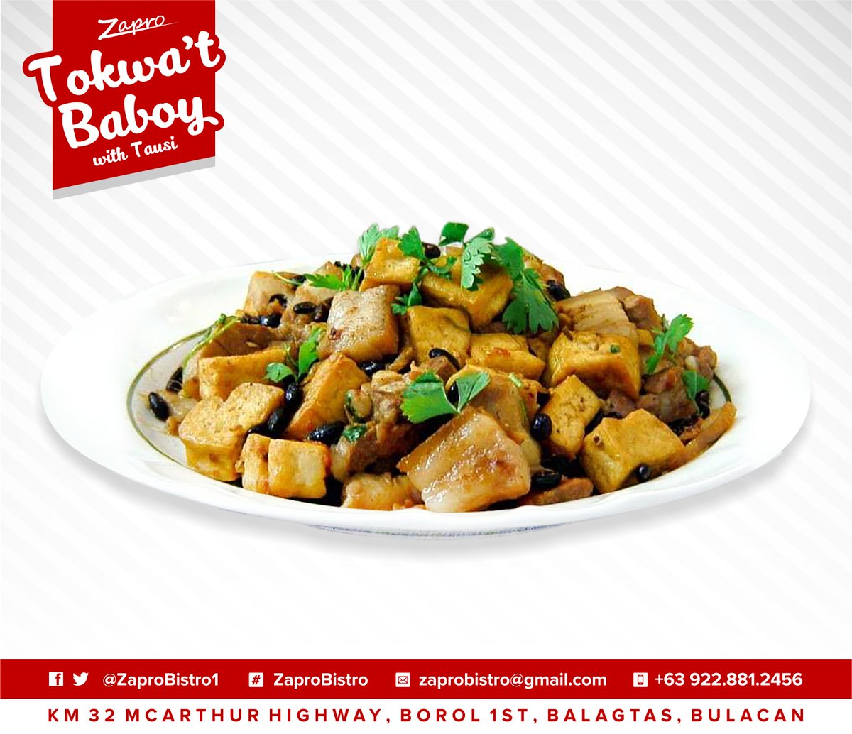 MENU: Tokwa't Baboy <a href="/ZaproBistro1/">Zapro Bistro</a>
Visit us @: Balagtas, Bulacan
For reservation &amp; inquiries pls call:09228812456