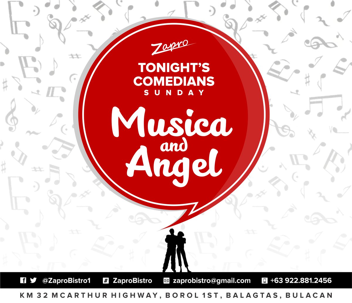 TONIGHT'S COMEDIANS:,Musica &amp; Angel <a href="/ZaproBistro1/">Zapro Bistro</a>
Visit us @: Balagtas, Bulacan