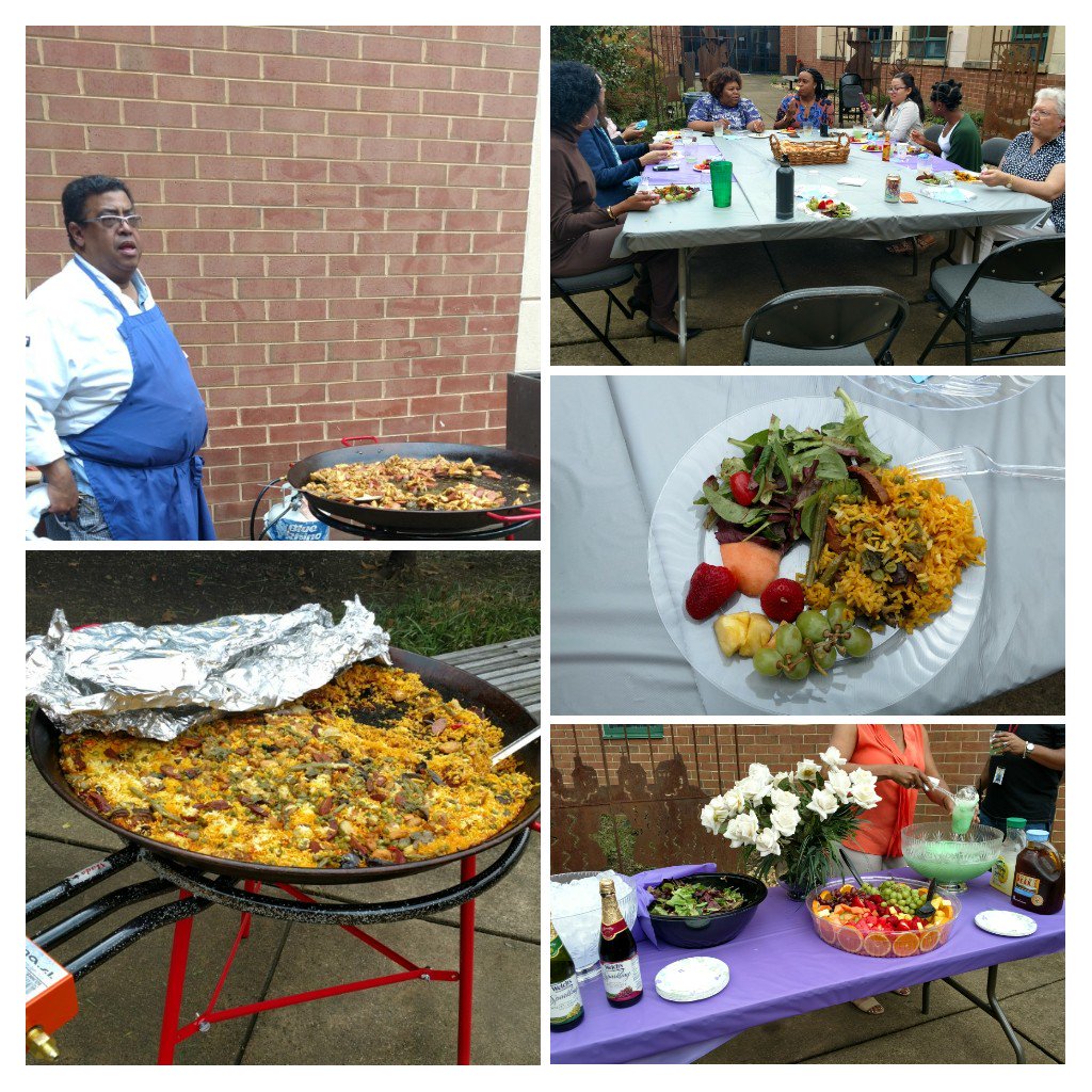 Dloveslearning's tweet image. GMS celebrates administrative assistants with a paella luncheon! #GunstonPride @APSGunston @GuMS_Principal @APSVirginia
