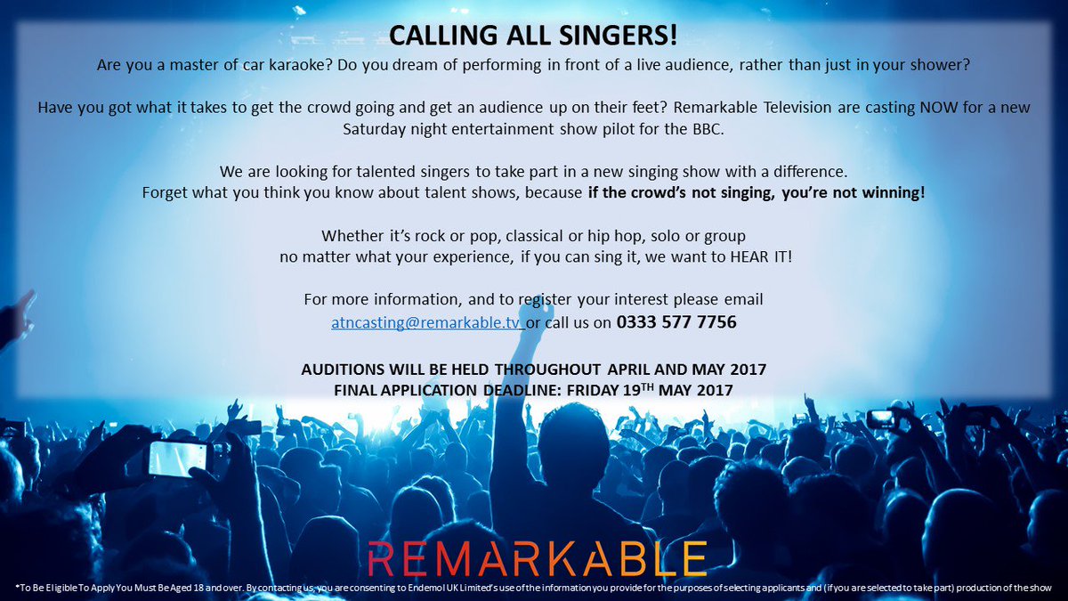 ‼️😵AUDITIONS ARE THIS WEEK😵‼️

Singers,duos and groups apply NOW for the chance to take part in new BBC pilot! e: atncasting@remarkable.tv🎤🎵