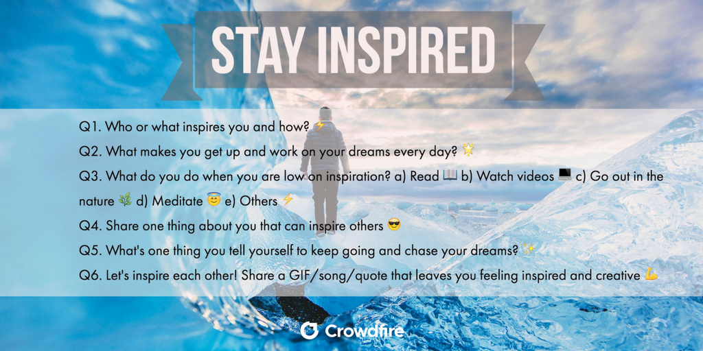Crowdfire's tweet photo. Here's a sneak-peek into questions for today's #cfchat. Topic - Stay Inspired 🌟[9:30am PT/ 12:30pm ET/ 4:30pm UTC] https://t.co/peEWKQEHoi
