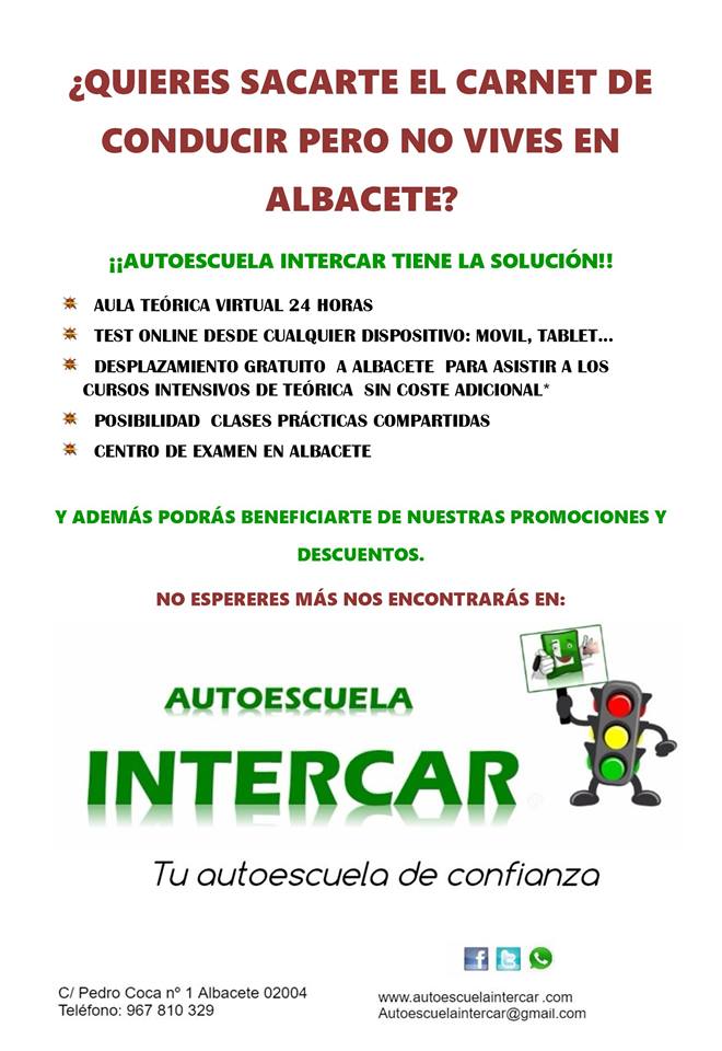intercarab's tweet image. Quieres sacarte el carnet de conducir y no vives en Albacete?Aula virtual 24h,cursos intensivos,desplazamiento al centro sin coste adicional