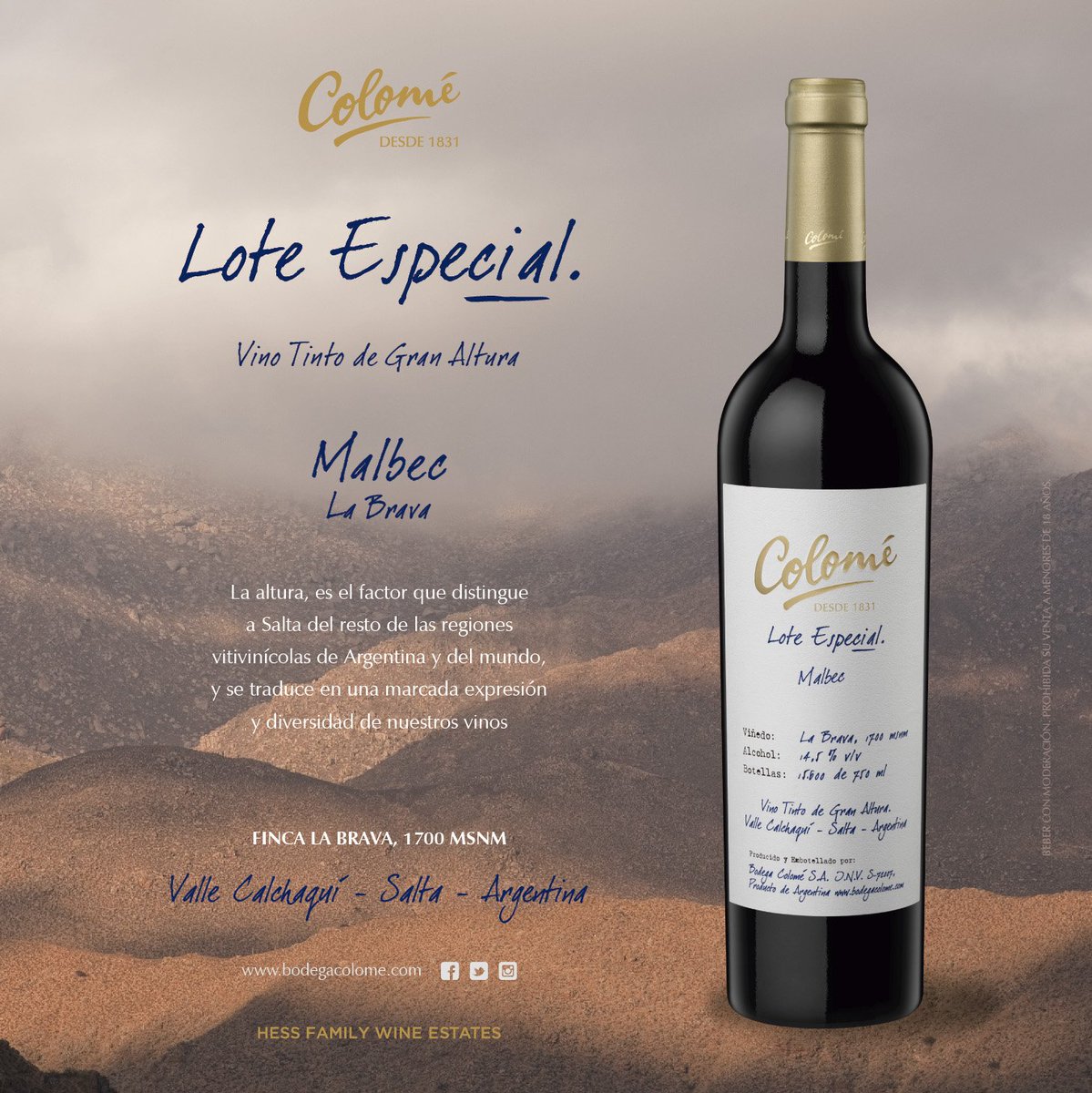 BodegaColome's tweet photo. #LoteEspecial #Malbec #FincaLaBrava #1700msnm #vinosdealtura #Salta https://t.co/jWQm8tfqf7