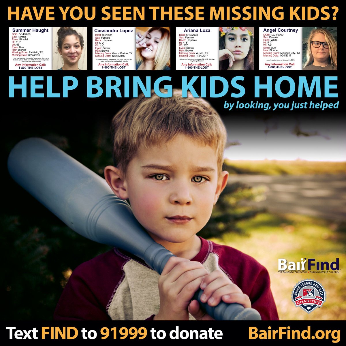Thank you <a href="/MiLB/">Minor League Baseball</a> <a href="/RRExpress/">Round Rock Express</a>! Awesome community partner helping find missing kids with #BairFindsign at #DellDiamond.