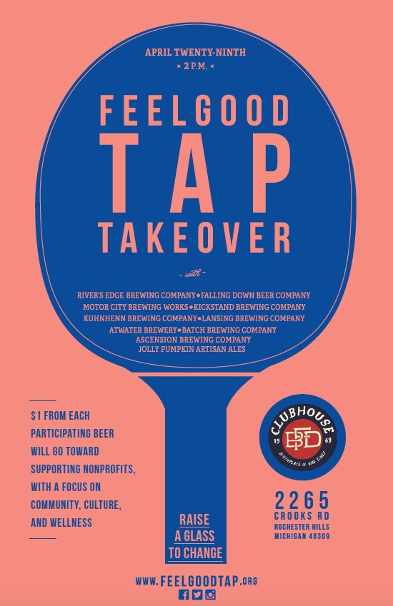This Saturday, 2-6pm, #FeelgoodTap and friends are taking over at @clubhousebfd! Come see us, and help create change #OneGlassAtATime.