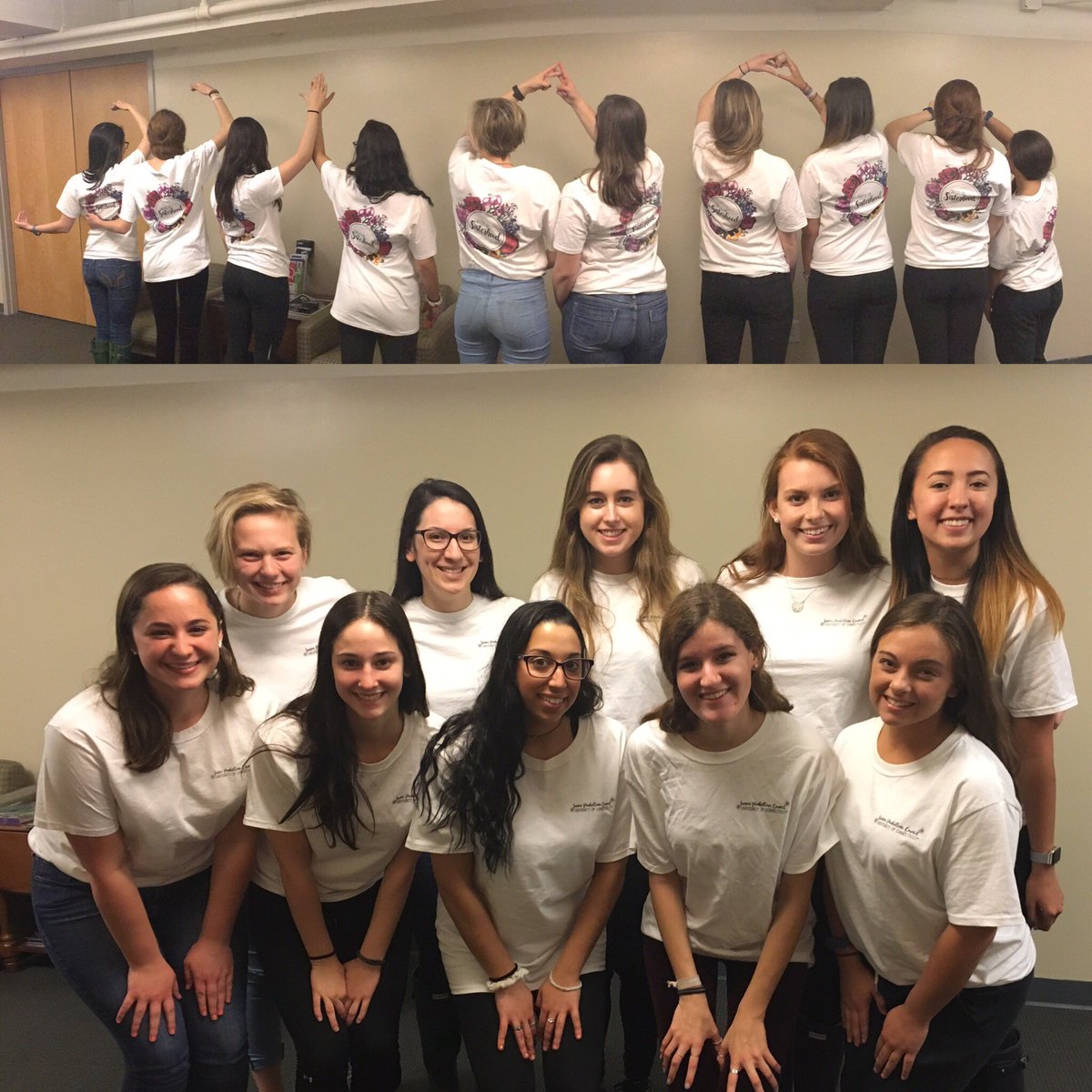 Some of our members showing off our super cute shirts and some Panhellenic love during our last meeting of the year 💕