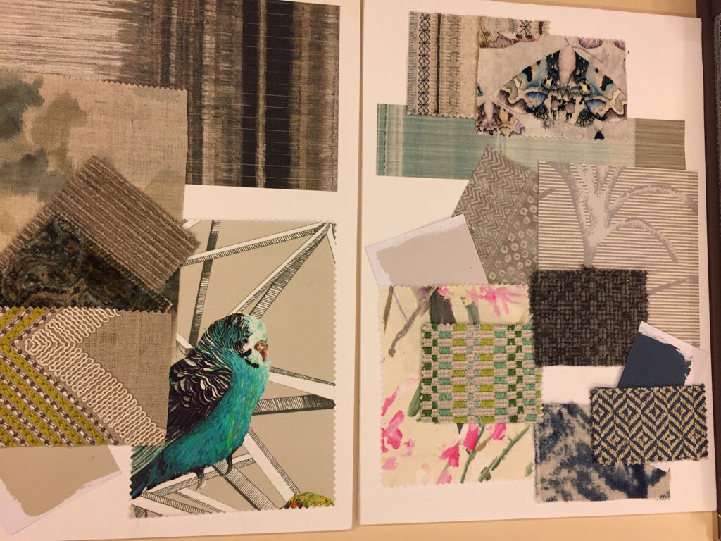 Just finishing sample boards ahead of tomorrow's client presentation (love the budgie!) #Interiors #showhome #fabrics
