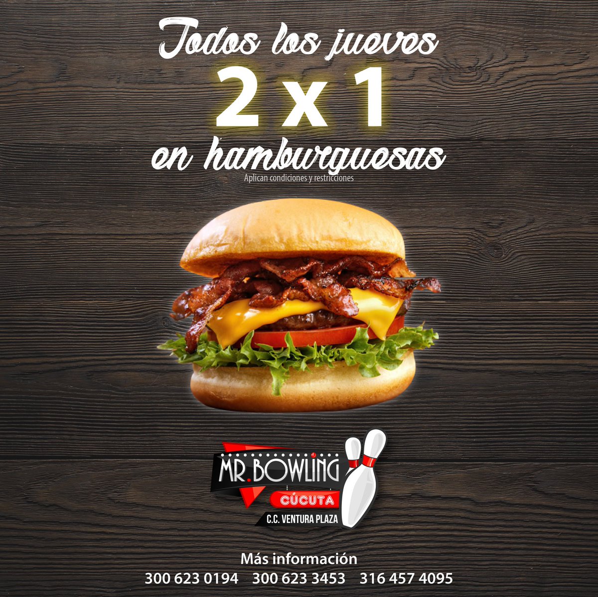 MrBowlingCucuta's tweet photo. Jueves de @mrbowlingcucuta 🎳 con 2 x 1 en hamburguesas 🍔 y cerveza a $3.000 🍺 todo el día 😎 🎉

C.C. Ventura Plaza

#mrbowling #Cúcuta https://t.co/4Fwa4Tv60K
