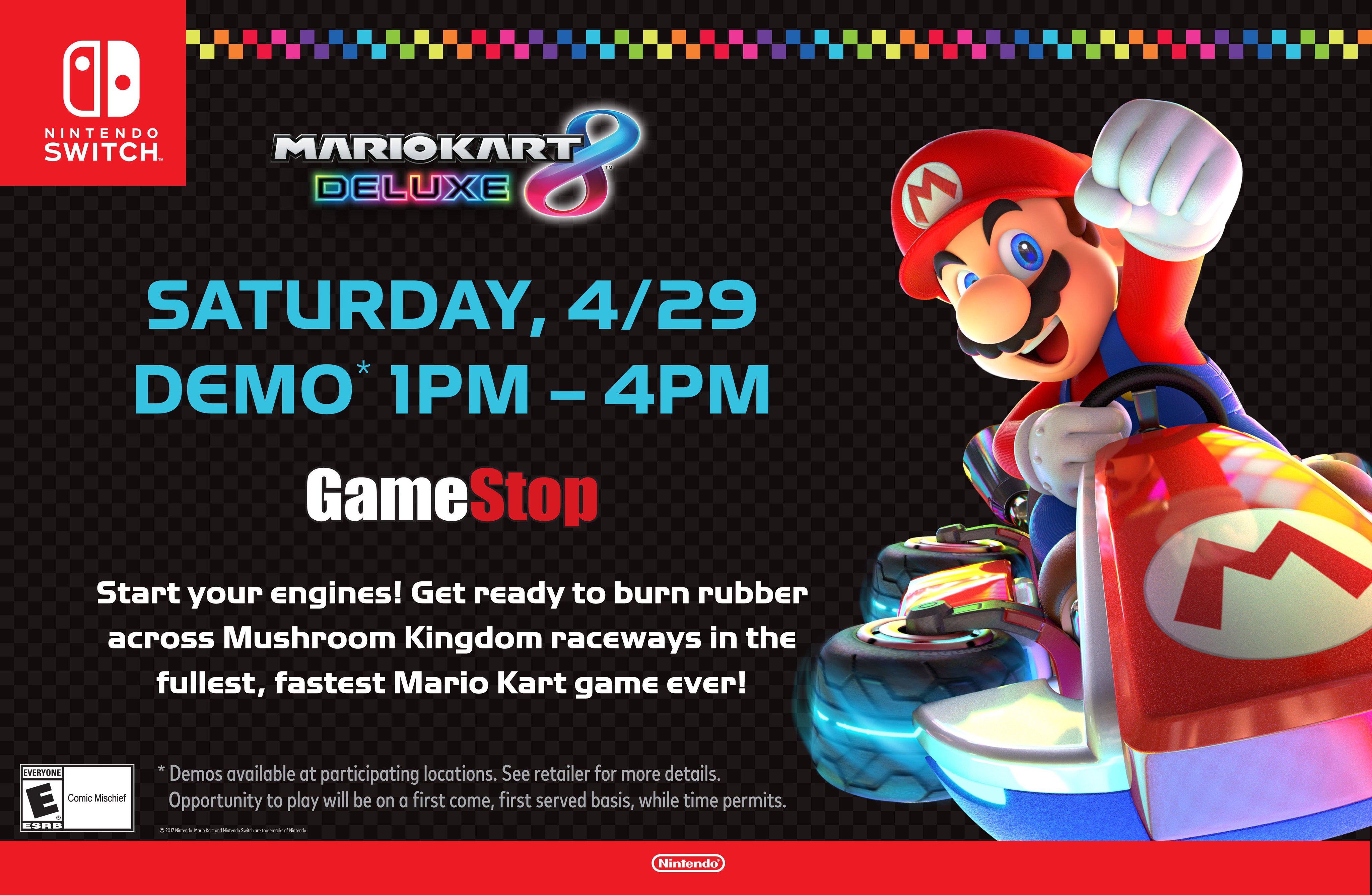 bjælke Slip sko Overlegenhed Nintendo of America on Twitter: "Play #MarioKart 8 Deluxe on  #NintendoSwitch this Saturday, April 29 @GameStop stores from 1pm-4pm.  Check your local store for more details. https://t.co/6DJi2FqkFW" / Twitter