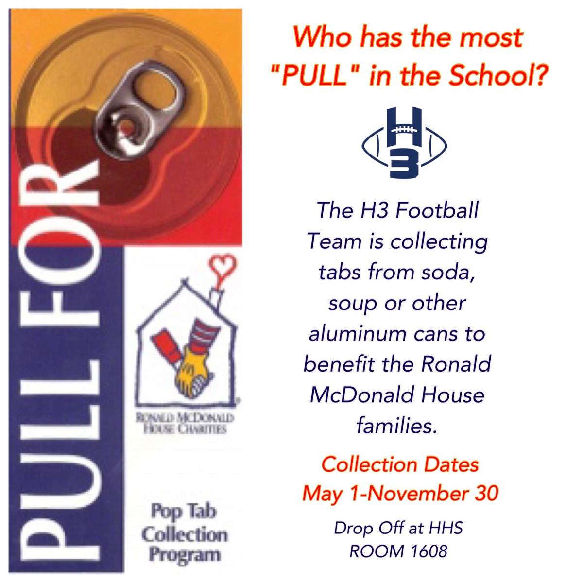 HeritageJVFB's tweet photo. Pull for the Huskies this year ALSO #PullfortheHouse the #RonaldMcDonaldHouse! Save your tabs! Details below! #pickupthetab #makeadifference https://t.co/x8vWHq87zF