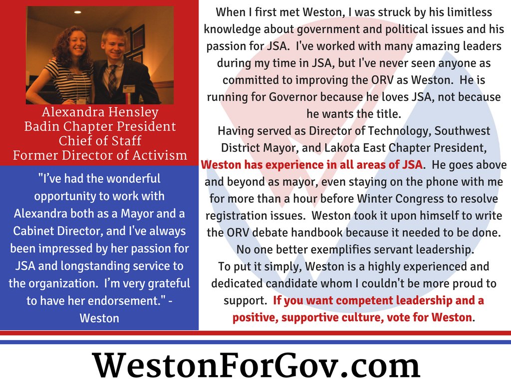 WestonForGovJSA's tweet photo. Two more days! Thanks so much to all the people who endorsed Weston, check them out at https://t.co/szYvPmJLK2. #SpringState #WestonForGov https://t.co/fpjlHrFqlb