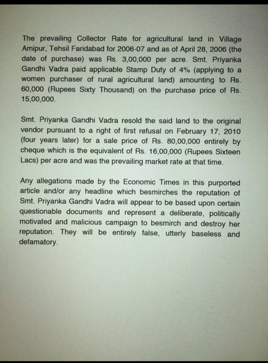 tehseenp's tweet photo. Statement from Mrs Priyanka Gandhi Vadra's office. https://t.co/sKCL9iWAmO