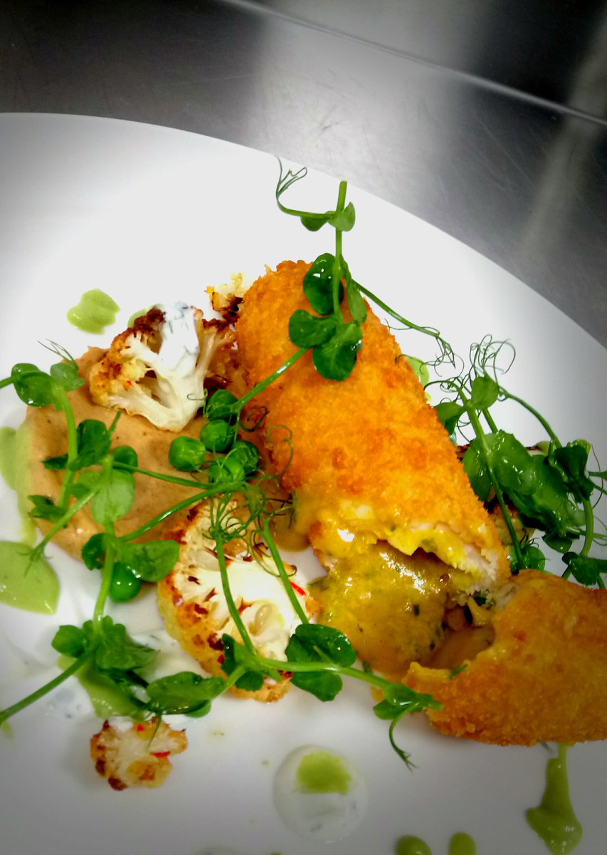 Tasting dish for future event! Curried chicken Kiev, roast celeriac &amp; fennel puree, charred cauliflower, peas, pea shoots and raita.....