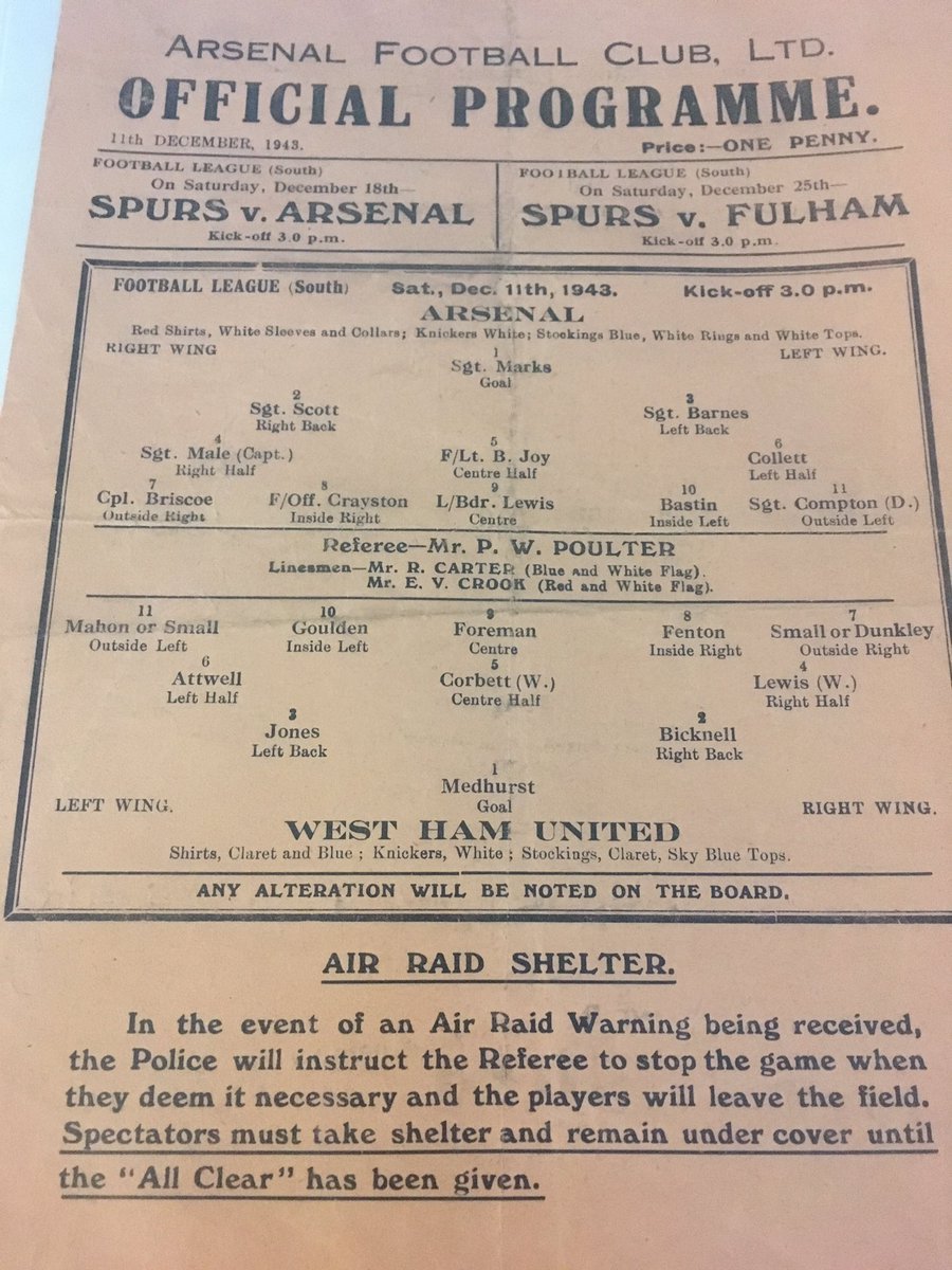 ozgooner's tweet image. @AFCHistory @HistoryArsenal 1943 Arsenal vs West Ham programme. 11th December. Finished 1-1. Att. 22,497 #Arsenal #AFC