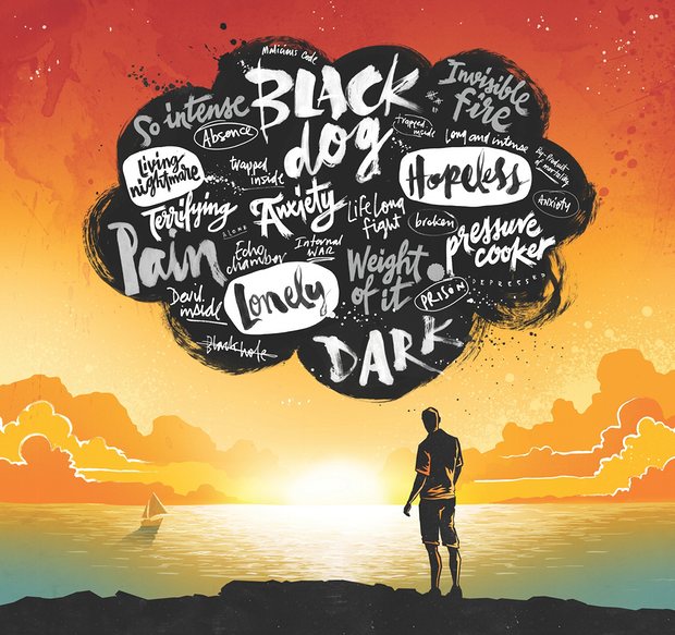 Which one word would you use to describe your #depression? Image by @davehomerdraws.