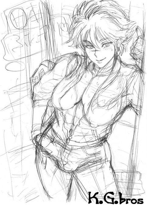 今回の表紙のアナログ下書きです。
「ちわーッ♪」ってイメージですね。
上着は最終的に、このキャラっぽいかなと思い
パーカーからスカジャンに変更しました。 