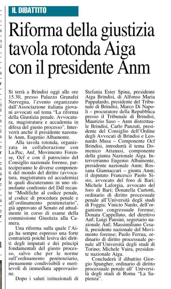 <a href="/mvaira/">M</a> <a href="/Atta1978D/">Domenico Attanasi</a> #NuovoQuotidianoDiPuglia 28.04.17
Riforma #Giustizia 
Tavola Rotonda #AIGA con Presidente <a href="/ANMagistrati/">ANM Associazione Nazionale Magistrati</a>