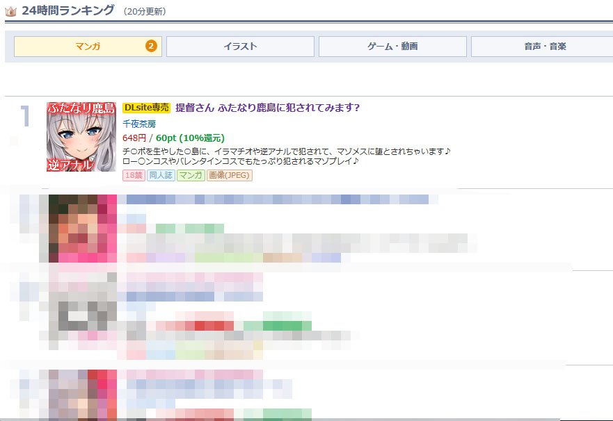 DLsiteの24時間ランキング、マンガ部門1位(全体4位)だ!有難うございます!
提督さん ふたなり鹿島に犯されてみます?
https://t.co/mJRPmhB698
メロン https://t.co/zHipNGlvAE
虎 https://t.co/xFvaYH3fas