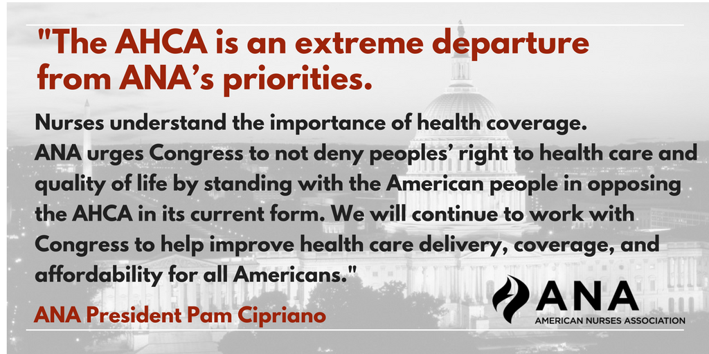 ANAPresident's tweet photo. America's nurses urge Congress to reject the #AHCA in its current form https://t.co/iEdfAOeVX8 #ProtectOurCare #SaveOurCare #Trumpcare https://t.co/C87q2e8p4i