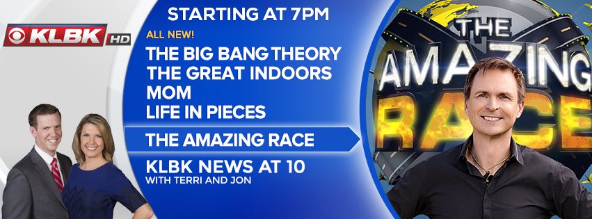 KLBKNews's tweet photo. #KLBKLineups all new laffs #BigBangTheory Penny's new job #GreatIndoors Clark moves on Emma? #AmazingRace in Italy + #KLBKNews 10p https://t.co/RlPB4M5tT0