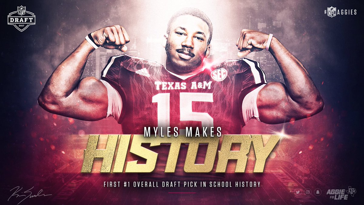 aggiefblife's tweet photo. HISTORY MADE. 

@MylesLGarrett becomes Texas A&amp;M's first player to go No. 1 overall in the NFL Draft.

#NFLAggies #ItsAboutUs https://t.co/7aNn8bAJZ7