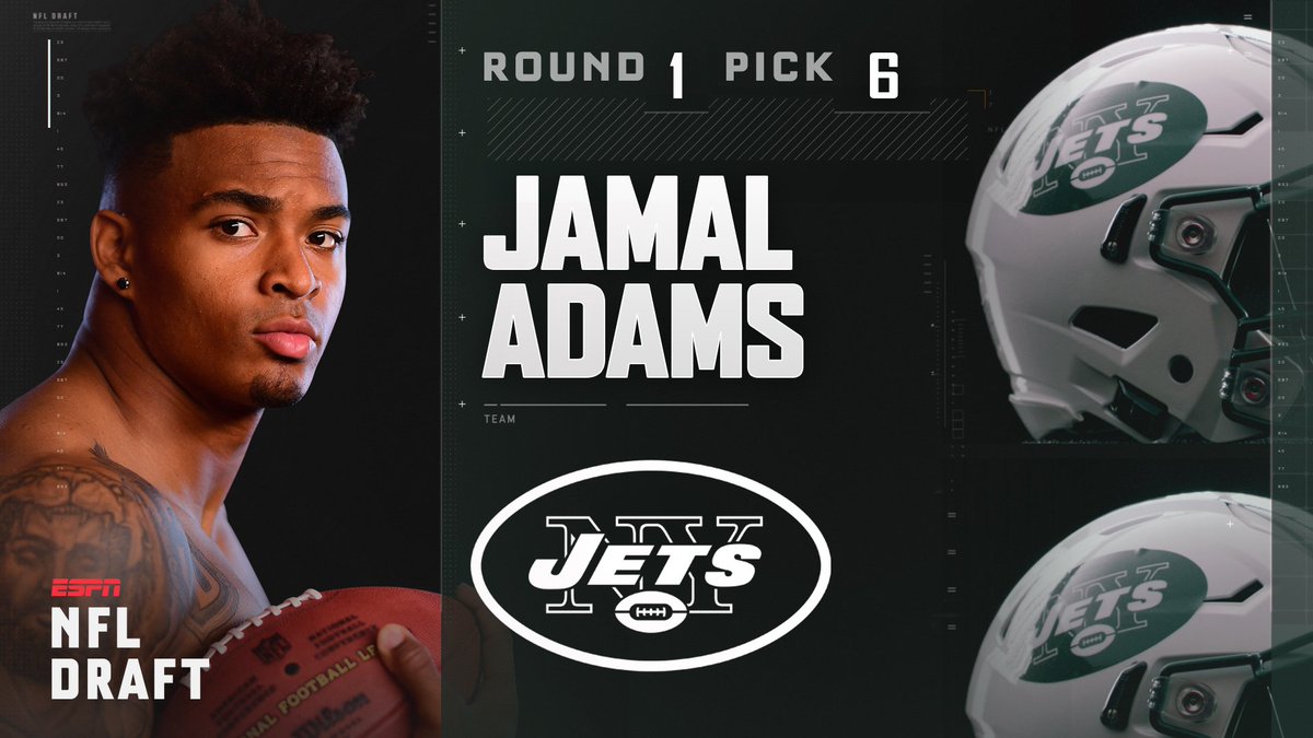 espn's tweet image. With the 6th pick in the 2017 NFL Draft, the New York Jets select Jamal Adams.