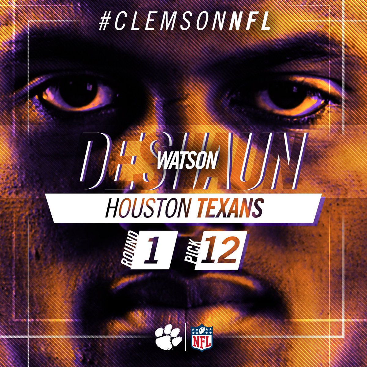ClemsonFB's tweet photo. #ClemsonFamily connections run strong with the @HoustonTexans!

Deshaun Watson is off the board at No. 12 overall!!!!!! https://t.co/q9dV5CHXn7