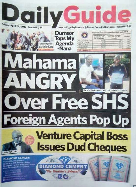 trinityfmonline's tweet photo. Daily Guide: @JDMahama angry over free SHS - Foreign agents pop up ** Dumsor tops my agenda - @NAkufoAddo #TrinityFmGh https://t.co/s4tm8XNUq4
