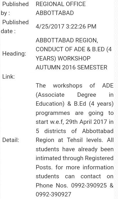 AiouOfficial's tweet photo. ABBOTTABAD REGION, CONDUCT OF ADE &amp; B.ED (4 YEARS) WORKSHOP AUTUMN 2016 SEMESTER https://t.co/GjVVirPlhD